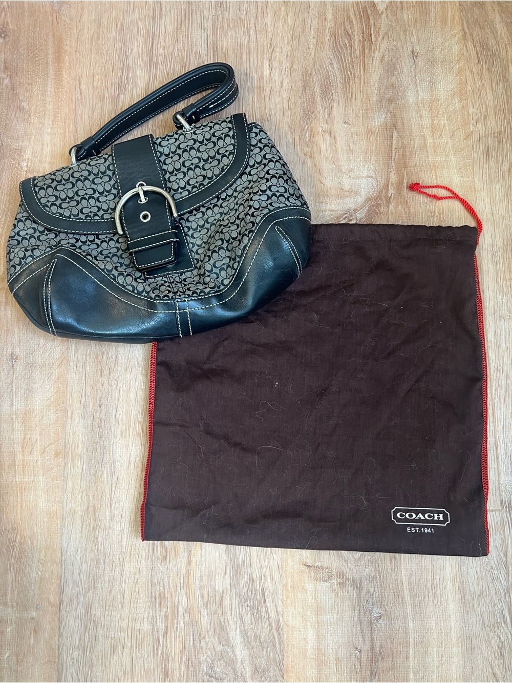Coach Black Signature Jacquard & Leather Shoulder Bag with Buckle